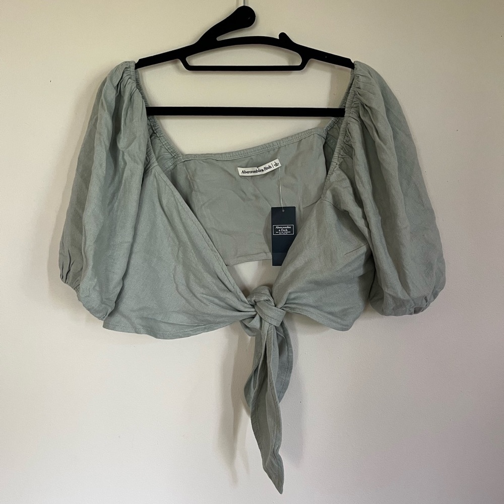Abercrombie Tie Front Linen Puff Sleeve Top